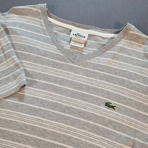Lacoste Men V Neck Tee Size 6 Gray Stripe Lightweight Preppy Casual Classic
